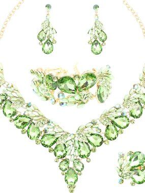 Jewelry Set for Women, Statement Necklace Dangle Earrings Bracelet Ring, White/K